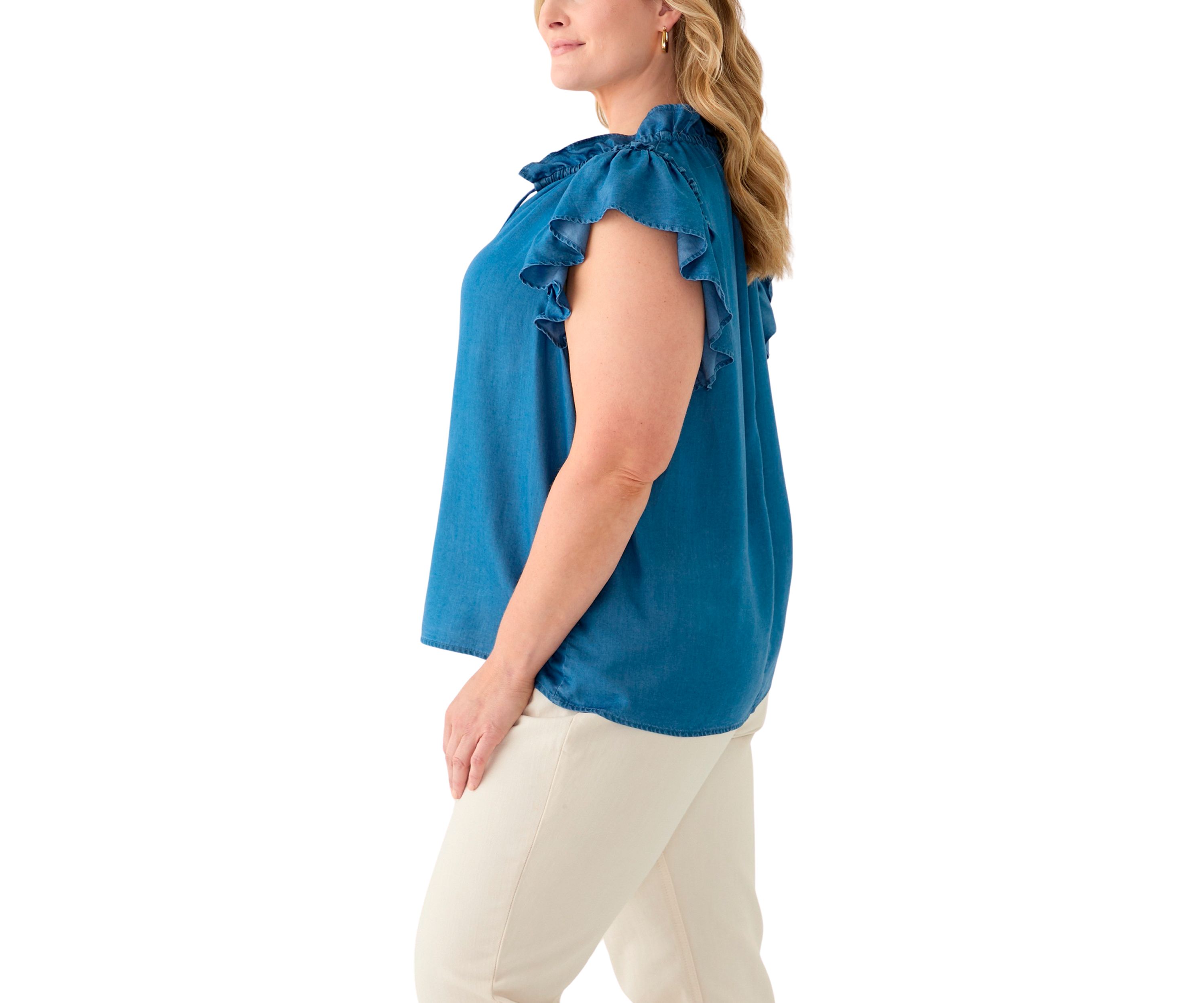 Plus Size Split Neck Ruffle Sleeve Top