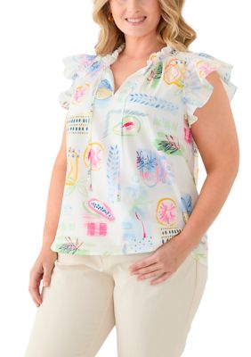 Crown & Ivy Women's Plus Size Split Neck Ruffle Sleeve Printed Top, 3X