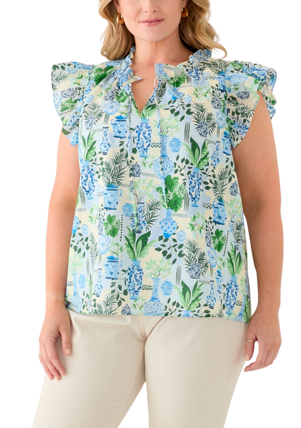 Crown & Ivy™ Plus Size Split Neck Ruffle Sleeve Printed Top | Belk