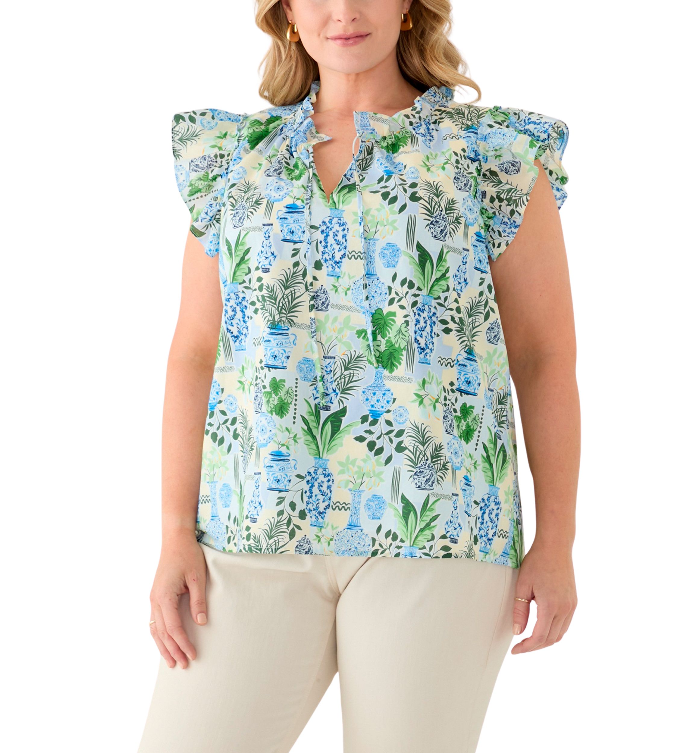 Plus Size Split Neck Ruffle Sleeve Printed Top
