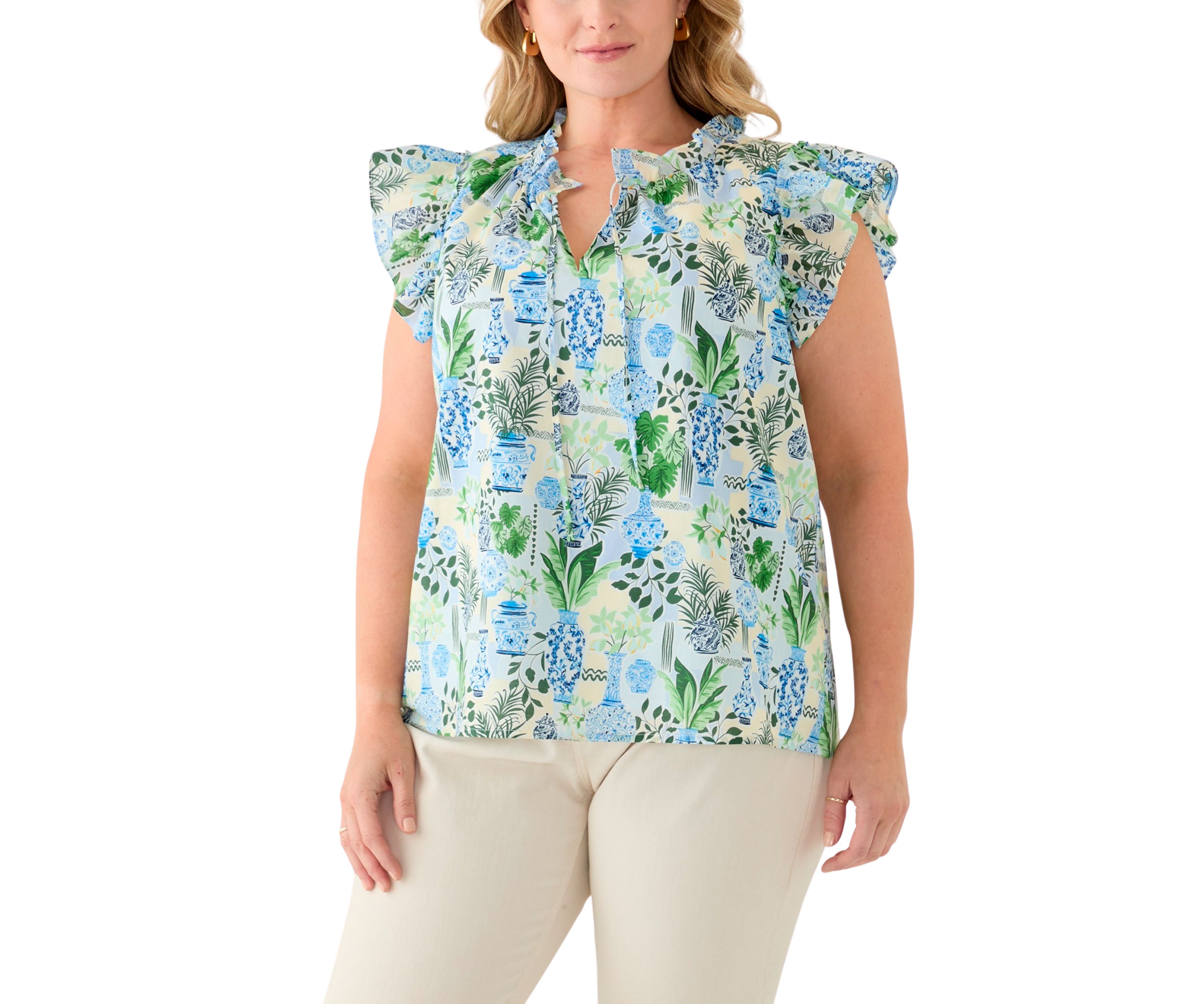 Plus Size Split Neck Ruffle Sleeve Printed Top