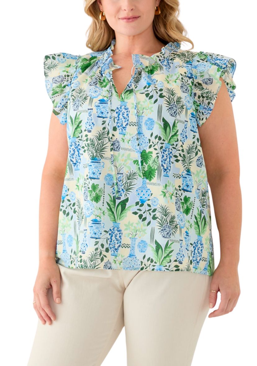 Plus Size Split Neck Ruffle Sleeve Printed Top