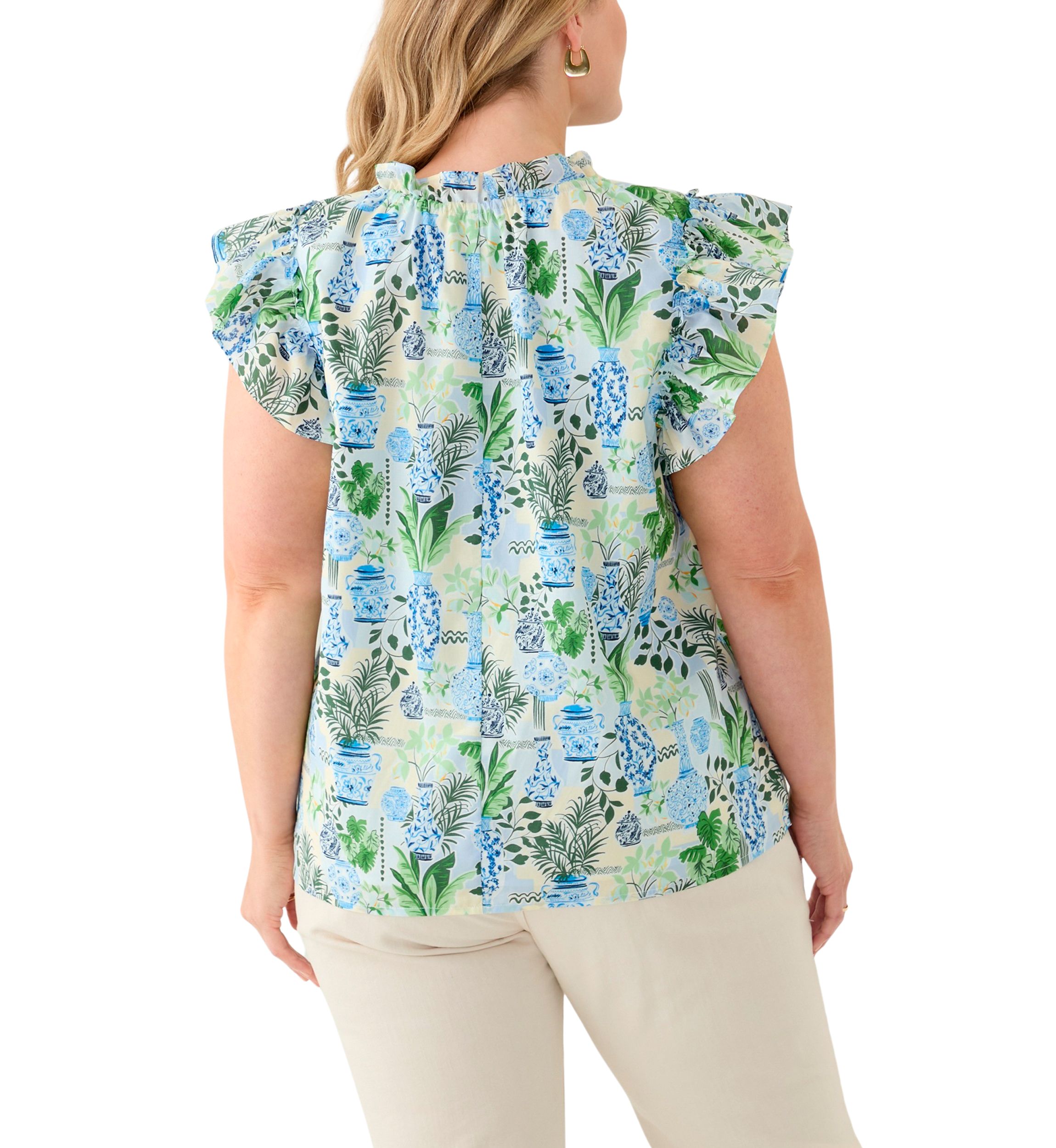 Plus Size Split Neck Ruffle Sleeve Printed Top