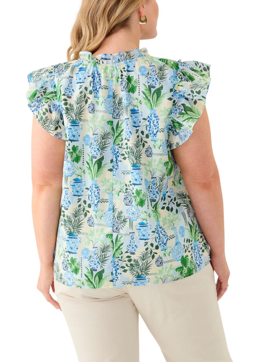 Plus Size Split Neck Ruffle Sleeve Printed Top