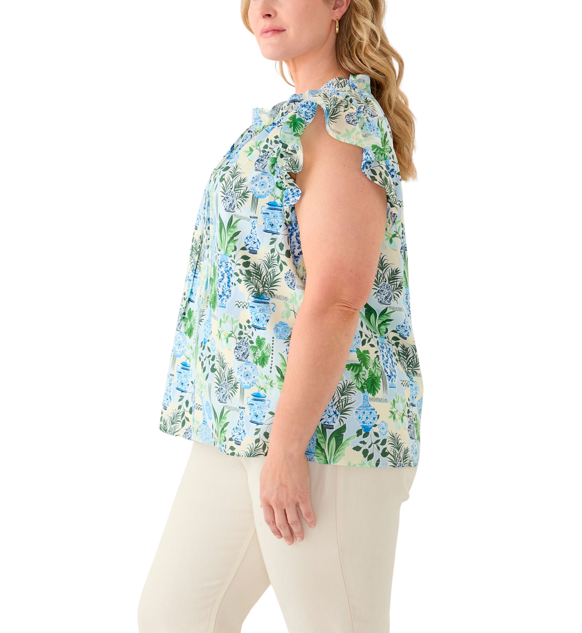 Plus Size Split Neck Ruffle Sleeve Printed Top