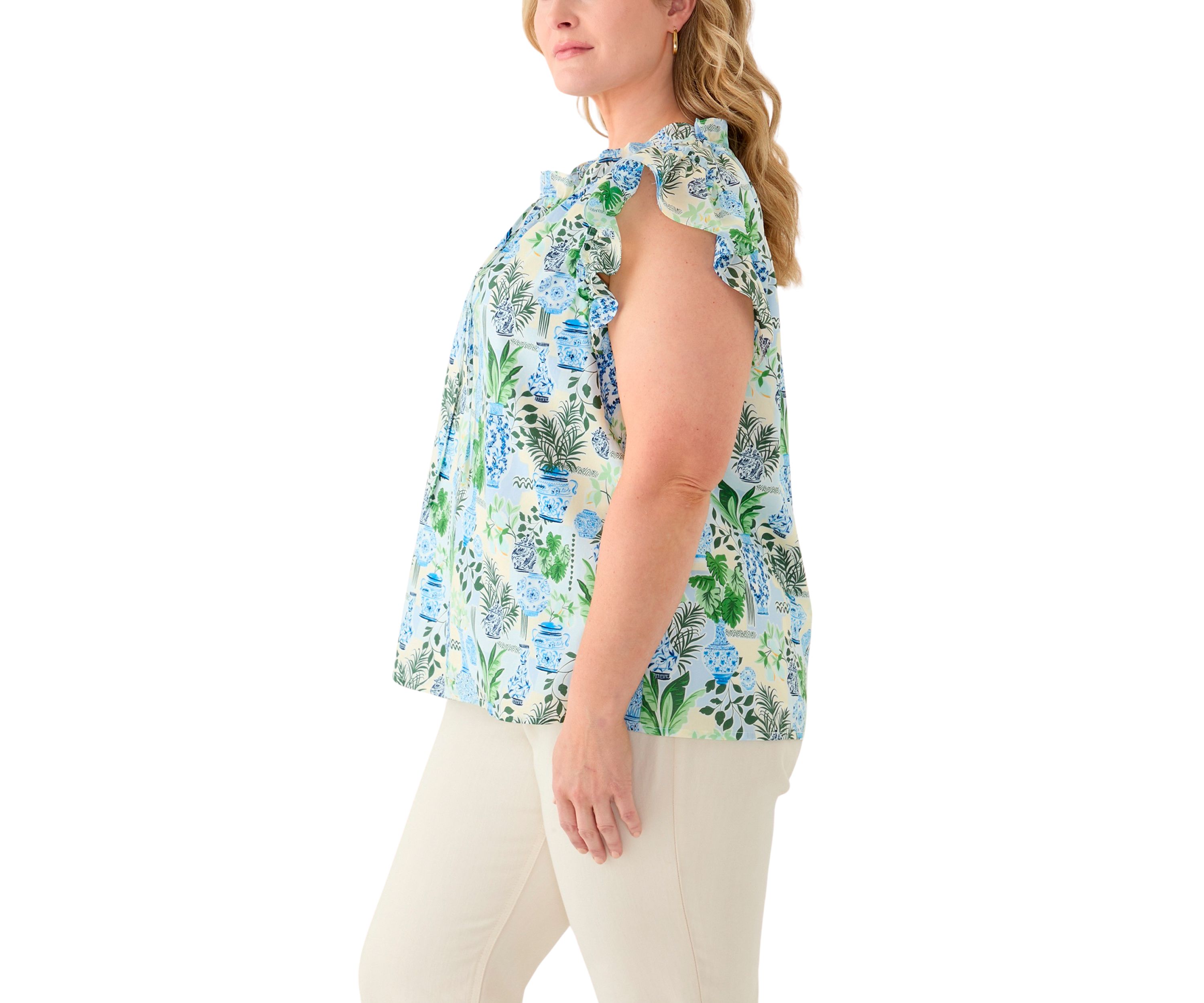 Plus Size Split Neck Ruffle Sleeve Printed Top
