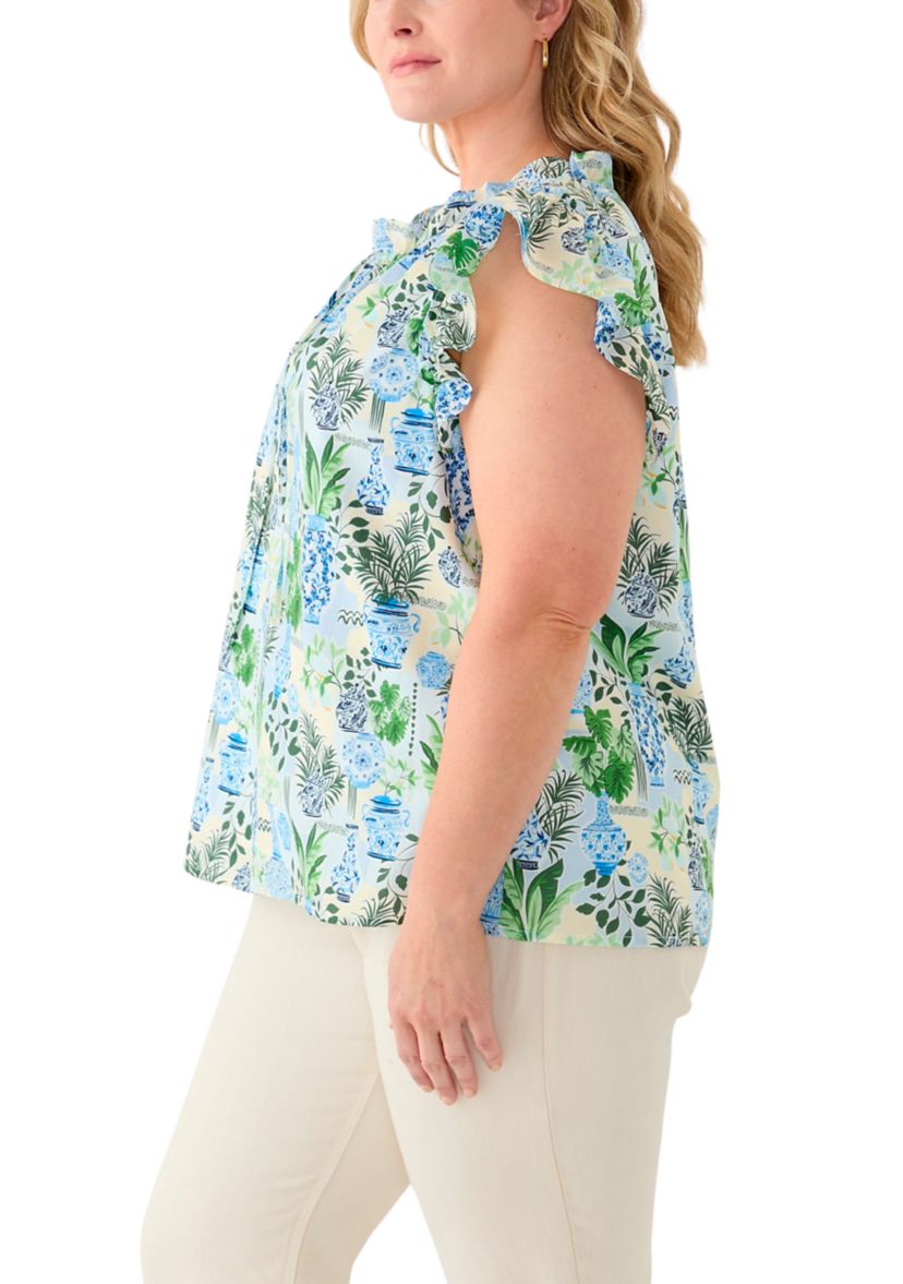 Plus Size Split Neck Ruffle Sleeve Printed Top