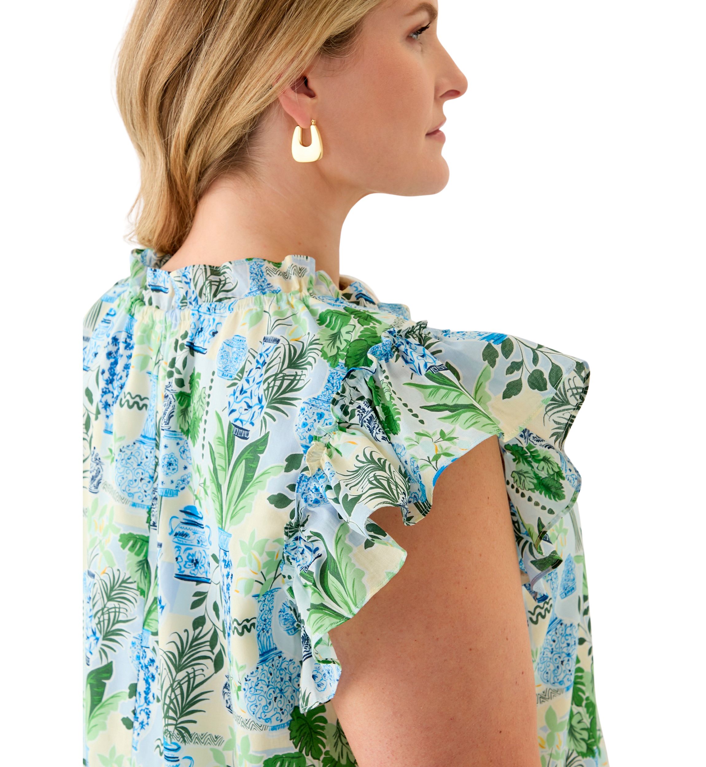 Plus Size Split Neck Ruffle Sleeve Printed Top