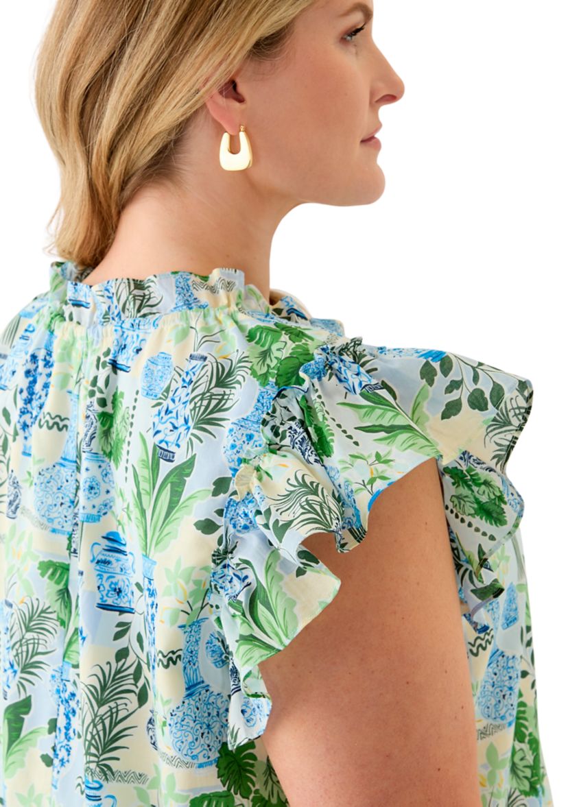 Plus Size Split Neck Ruffle Sleeve Printed Top