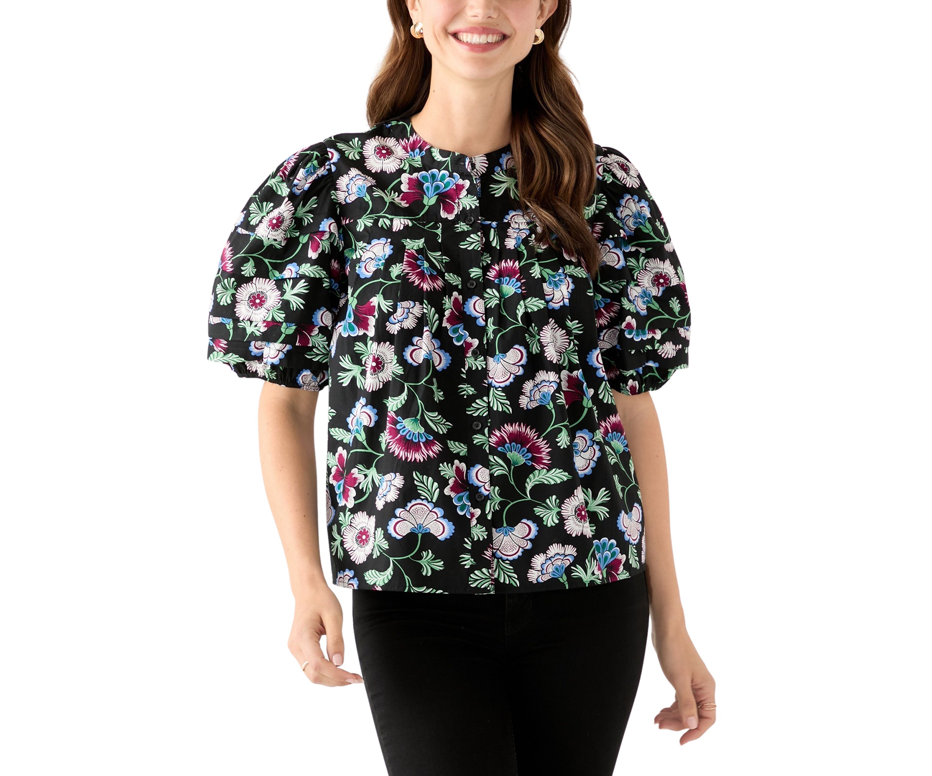 Womens Pintuck Sleeve Woven Print Top