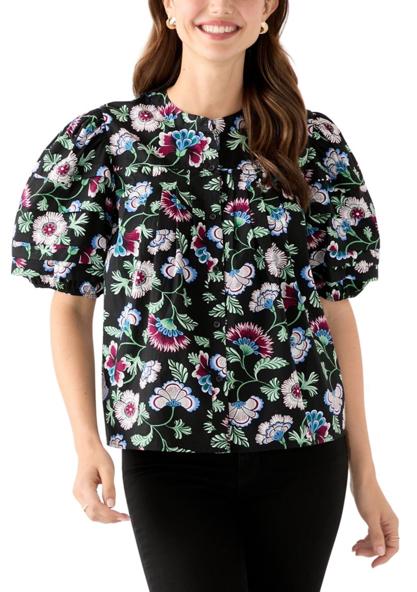 Womens Pintuck Sleeve Woven Print Top