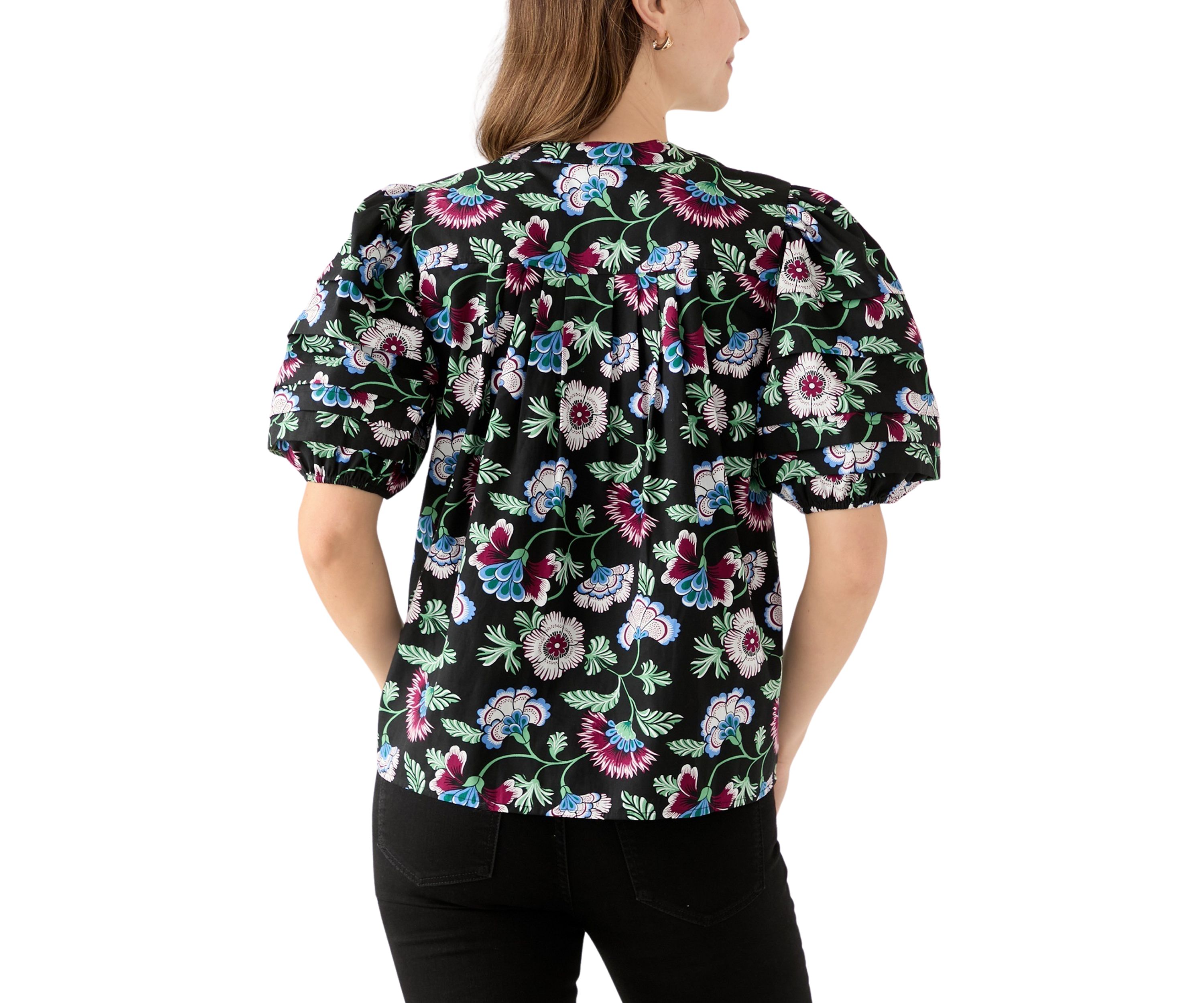 Womens Pintuck Sleeve Woven Print Top