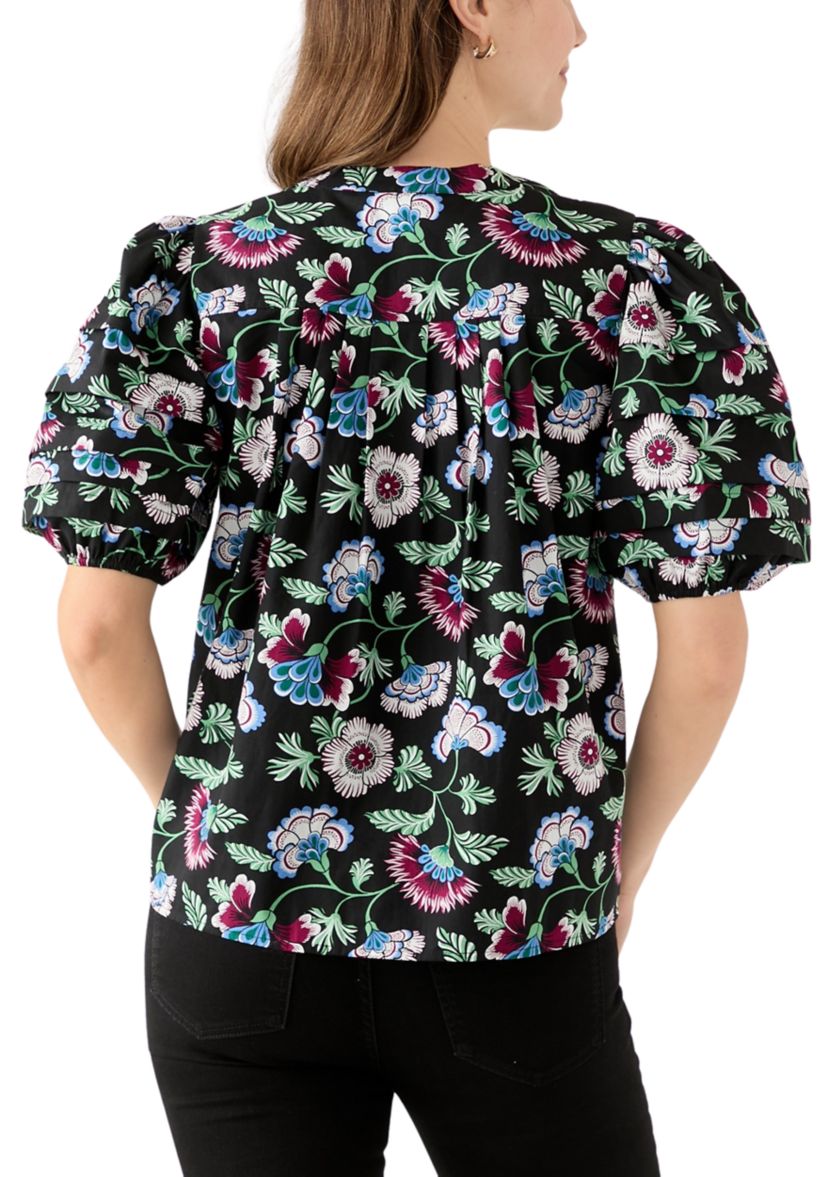 Womens Pintuck Sleeve Woven Print Top