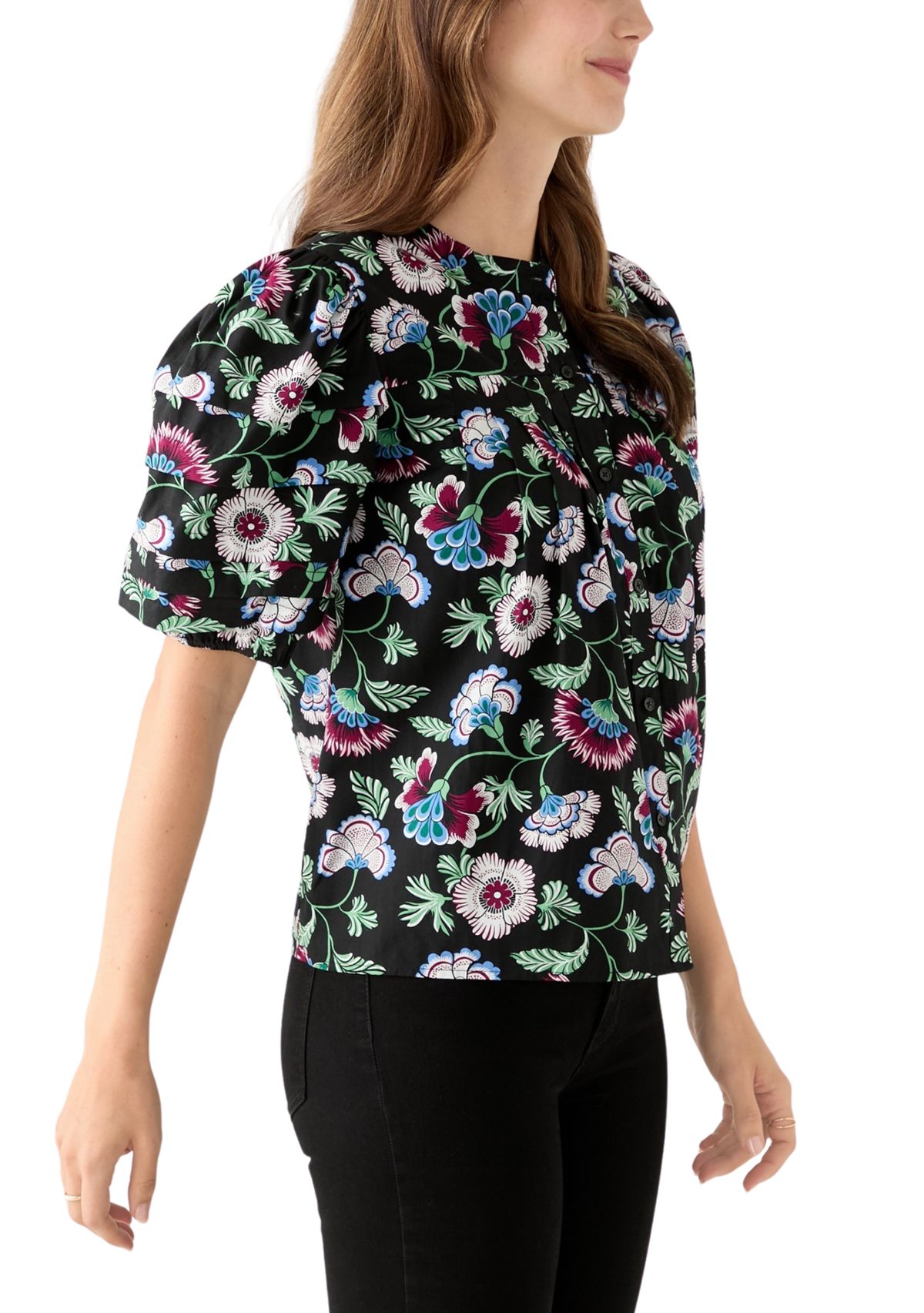 Womens Pintuck Sleeve Woven Print Top