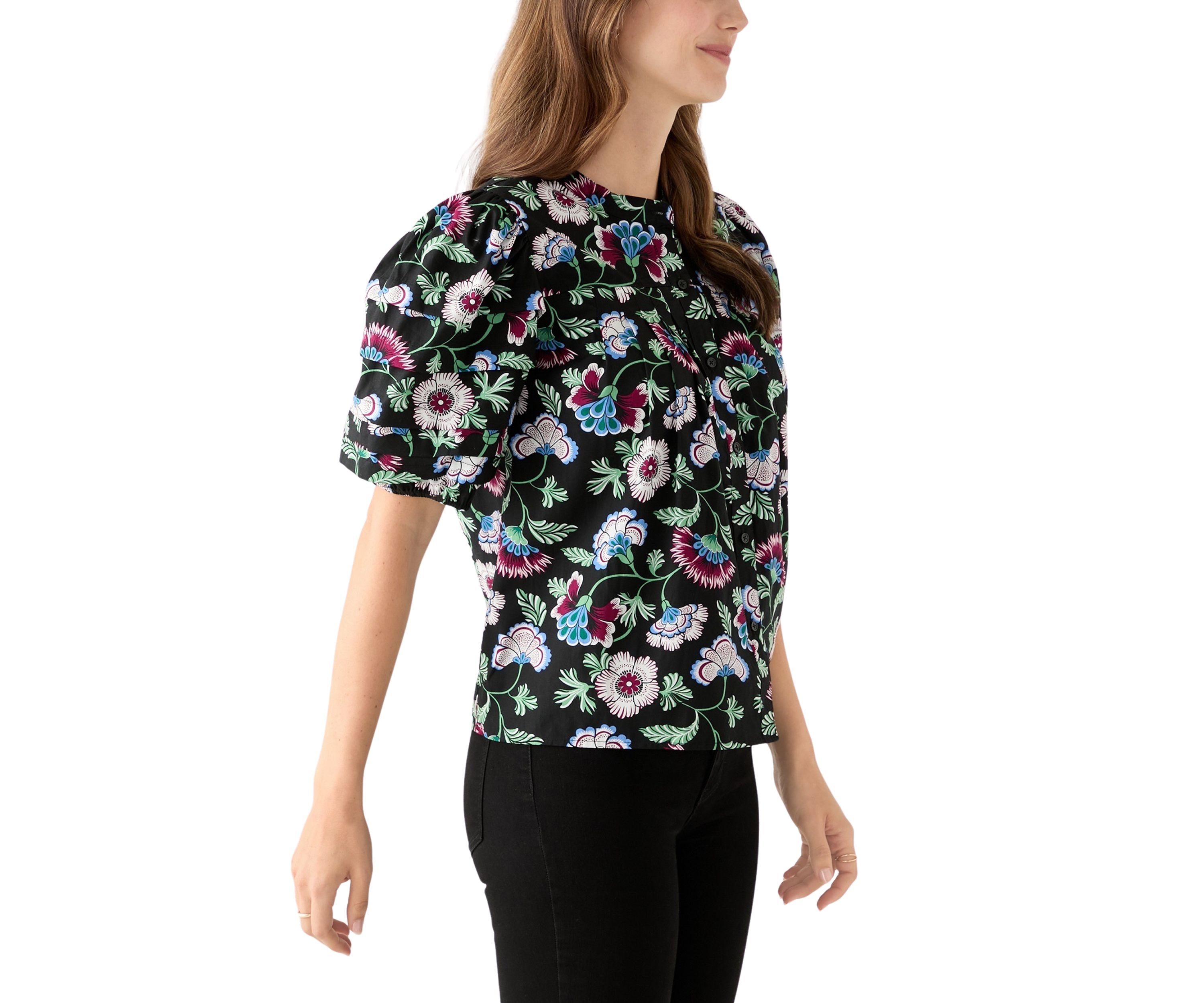 Womens Pintuck Sleeve Woven Print Top