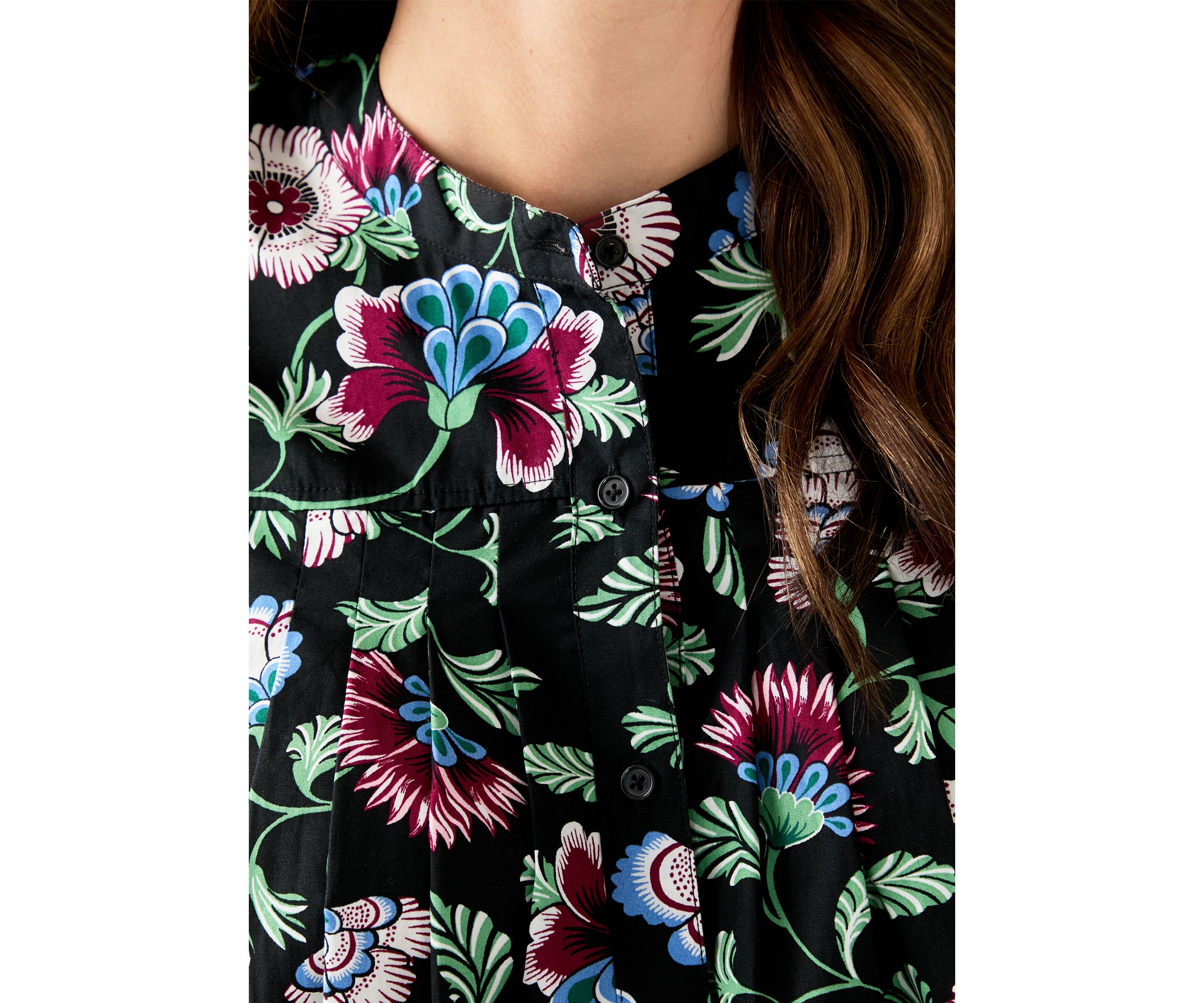Womens Pintuck Sleeve Woven Print Top