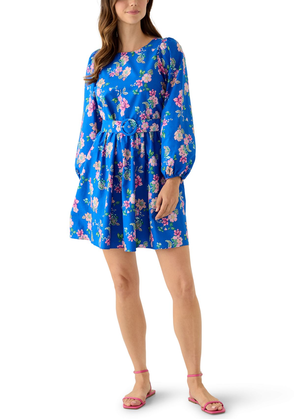 Womens Long Sleeve Printed Poplin Swing Dress