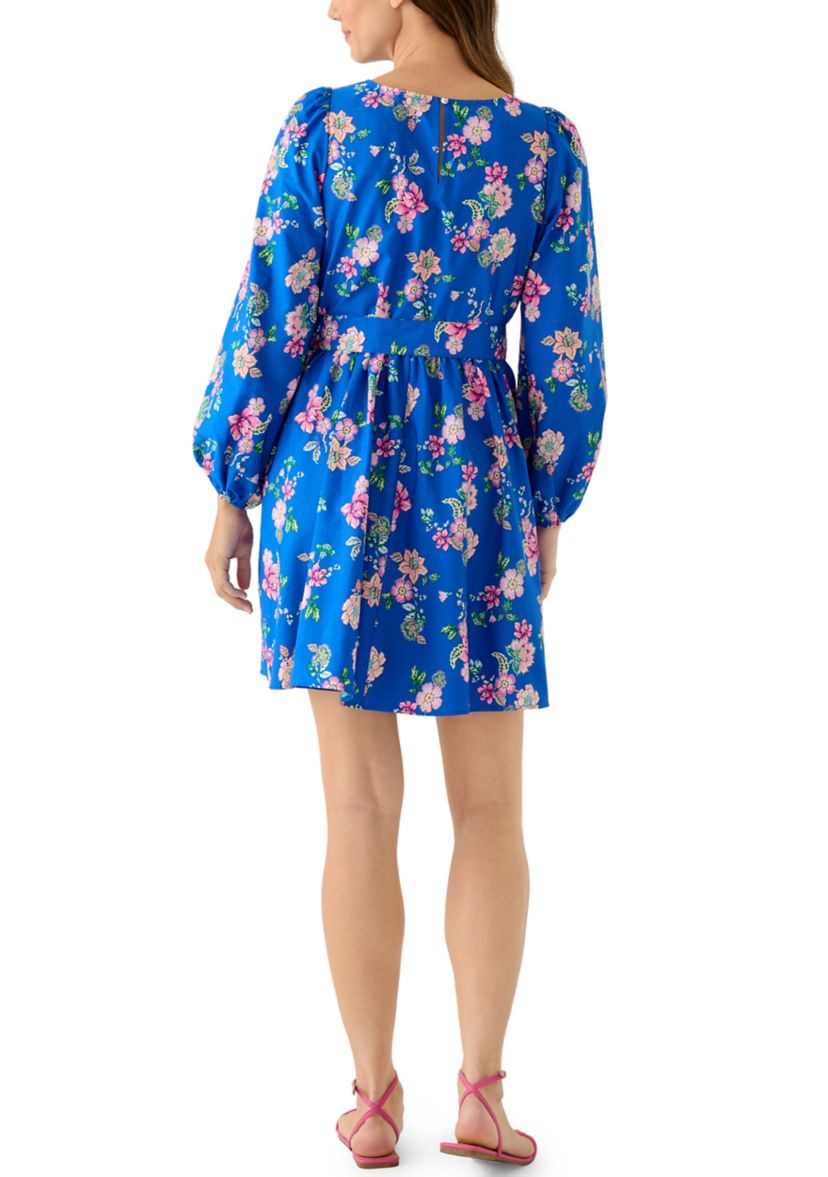 Womens Long Sleeve Printed Poplin Swing Dress