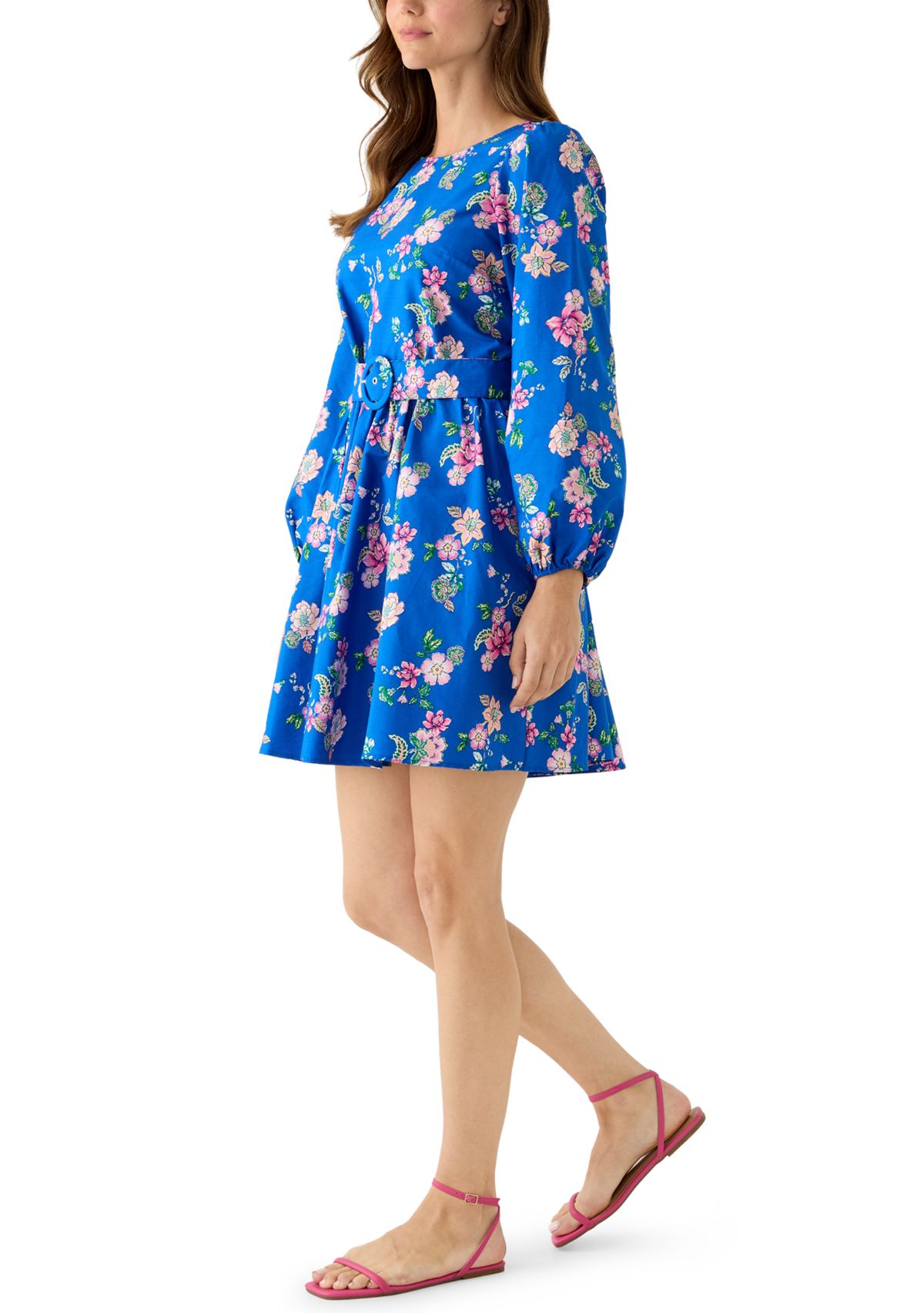 Womens Long Sleeve Printed Poplin Swing Dress