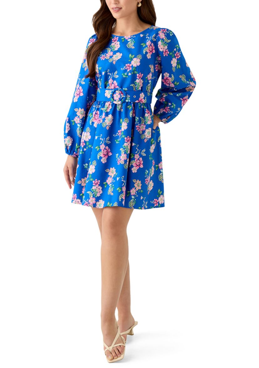 Crown & Ivy Women's Petite Long Sleeve Poplin Printed Swing Dress, Blue, PXL, Cotton