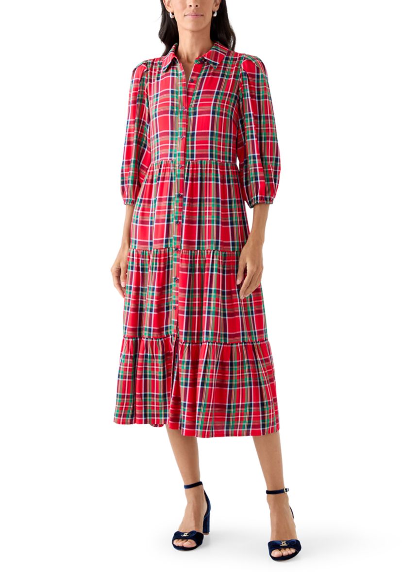 Womens Long Sleeve Button Front Maxi Print Dress