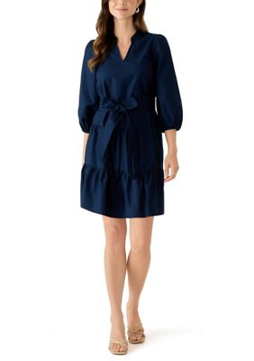Crown & Ivy Women's 3/4 Sleeve Belted Peasant Dress, Navy Blue, XXL