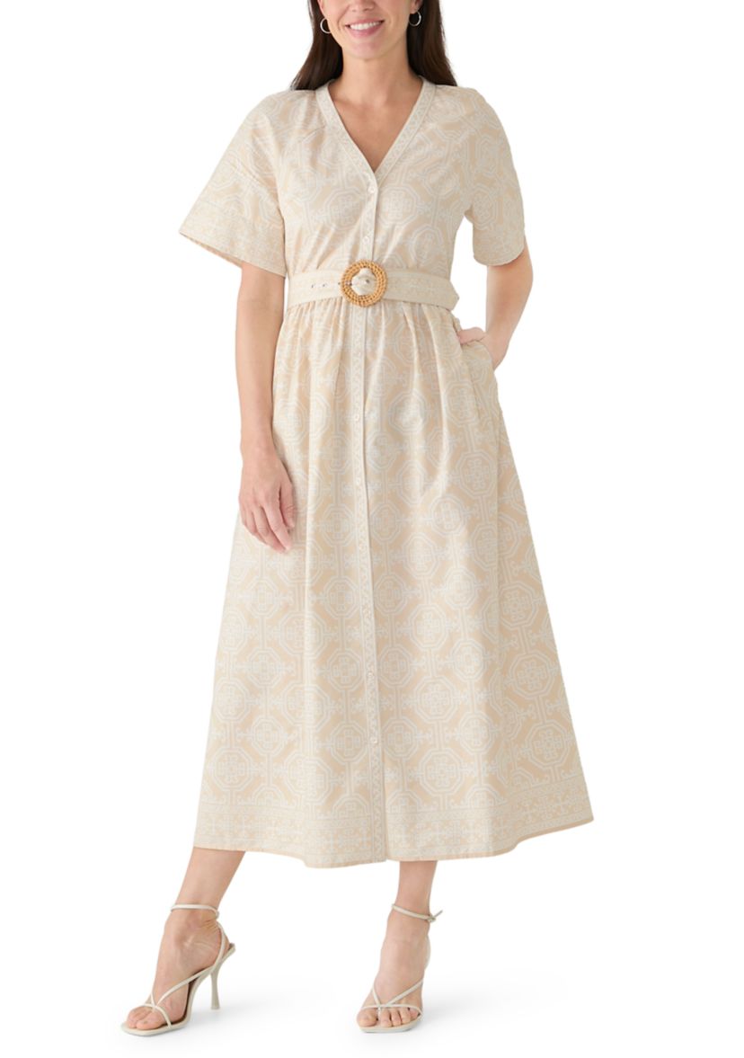 v neck belted midi dress Crown & Ivy™ Petite Short Sleeve V-Neck Belted Midi Dress
