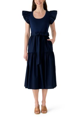 Crown & Ivy Women's Flutter Sleeve Belted Midi Dress, Navy Blue, XXL