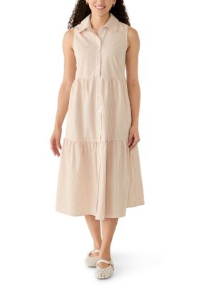Crown & Ivy Women's Petite Sleeveless Linen Shirtdress, Tan, PXL