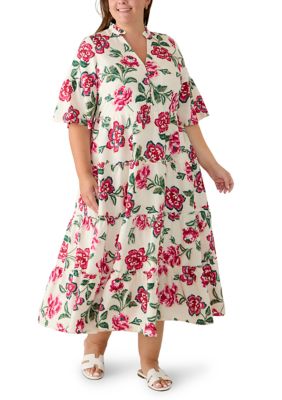 Crown & Ivy Women's Plus Size Elbow Flare Sleeve Multi Tiered Printed Midi Dress