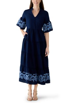 Crown & Ivy Women's Petite Elbow Sleeve Multi Tiered Embroidered Dress