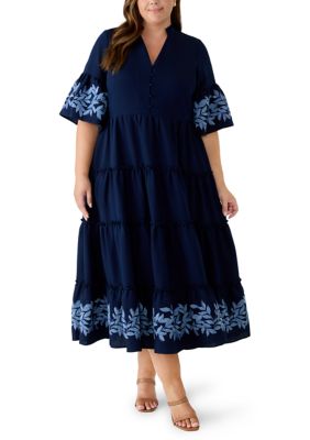 Crown & Ivy Women's Plus Size Elbow Sleeve Multi Tiered Midi Dress