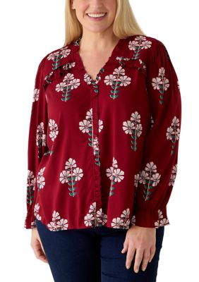 Crown & Ivy Women's Plus Size 3/4 Sleeve Ruffle Detail Top