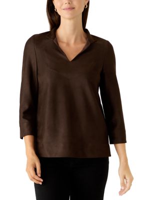 Crown & Ivy Women's Suede V-Neck Collar Popover Top