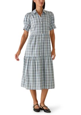 Crown & Ivy Women's Plaid Elbow Sleeve Tiered Dress, Blue, Large