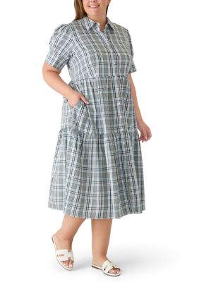 Crown & Ivy Women's Plus Size Elbow Puff Sleeve Printed Tiered Dress