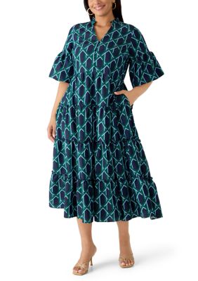 Crown & Ivy Women's Plus Size Elbow Flare Sleeve Multi Tiered Printed Midi Dress