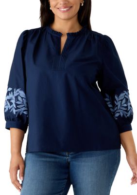 Crown & Ivy Women's Plus Size 3/4 Blouson Sleeve Embroidered Ruffle Top