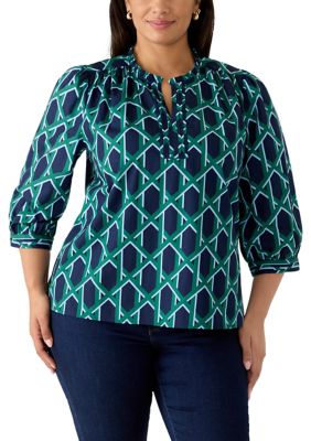 Crown & Ivy Women's Plus Size 3/4 Blouson Sleeve Printed Ruffle Top