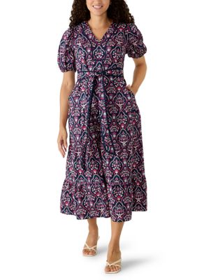 Crown & Ivy Women's Petite Short Sleeve Tie Waist Midi Dress