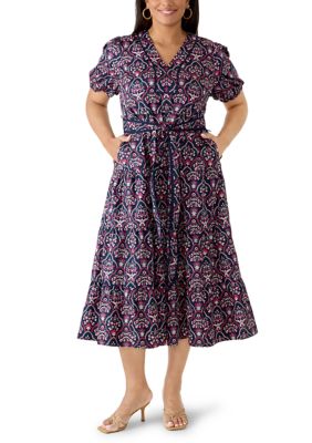 Crown & Ivy Women's Plus Size Puff Sleeve Tie Waist Printed Midi Dress