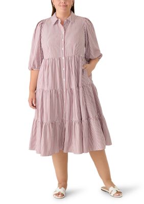 Crown & Ivy Women's Plus Size Puff Sleeve Striped Boyfriend Maxi Dress