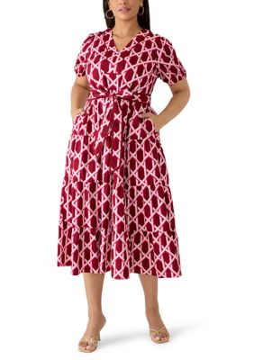 Crown & Ivy Women's Plus Size Puff Sleeve Tie Waist Printed Midi Dress