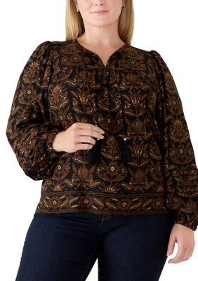 Crown & Ivy Women's Plus Size Sleeve Detail Tie Peasant Top