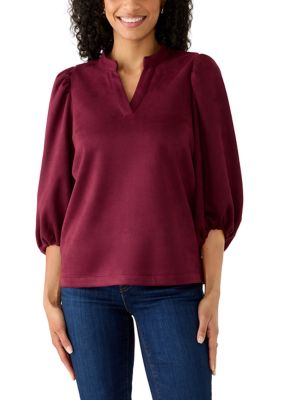 Crown & Ivy Women's Suede 3/4 Sleeve Split Neck Top
