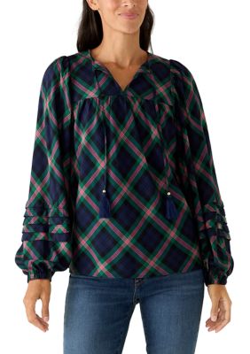 Crown & Ivy Women's Sleeve Details Tie Neck Peasant Blouse