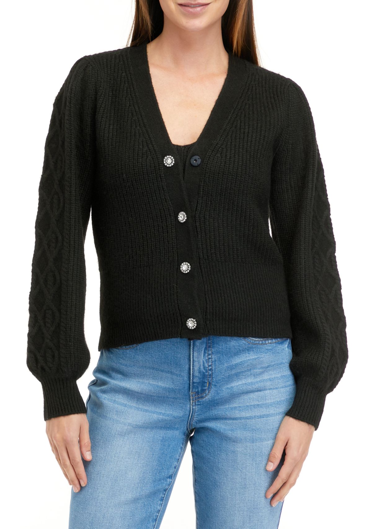 Womens Jeweled Button Cardigan