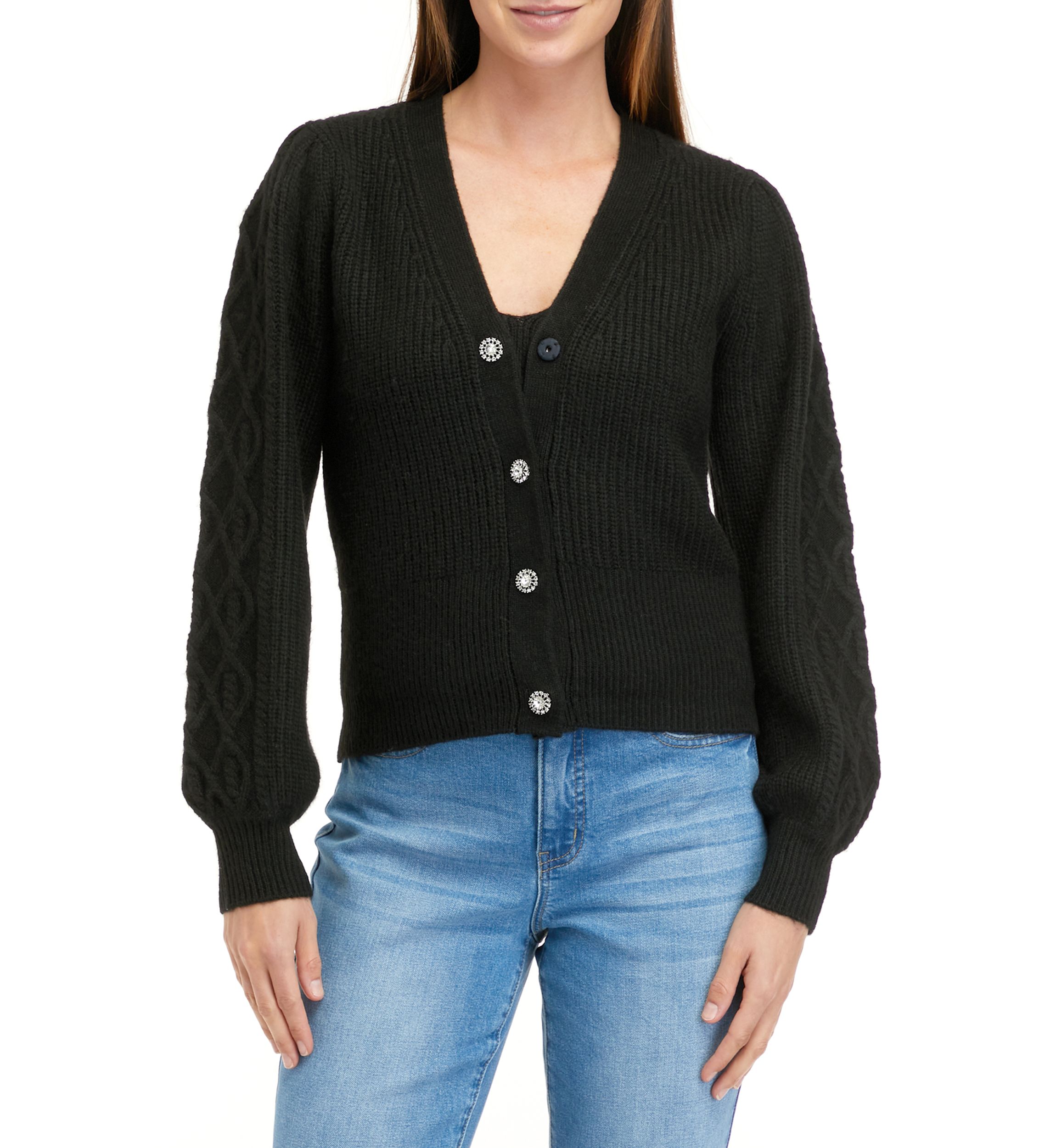 Womens Jeweled Button Cardigan