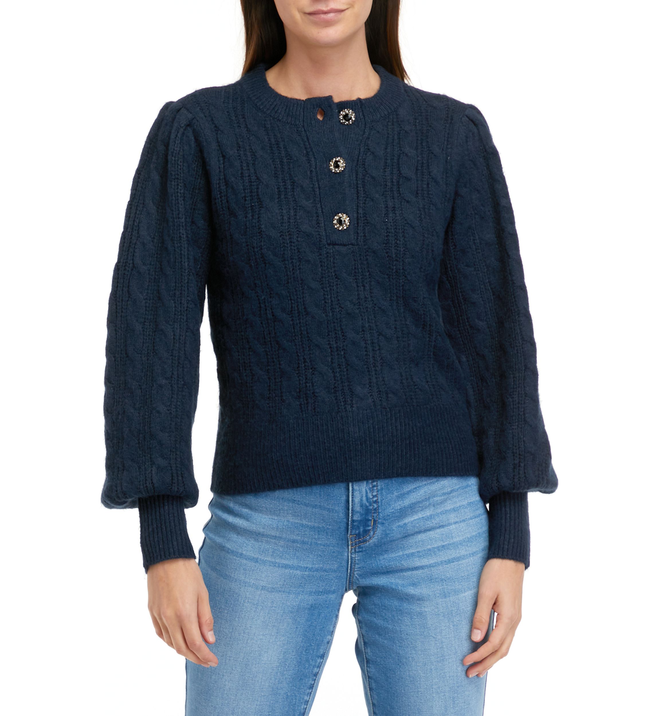 Womens Jeweled Button Henley Sweater