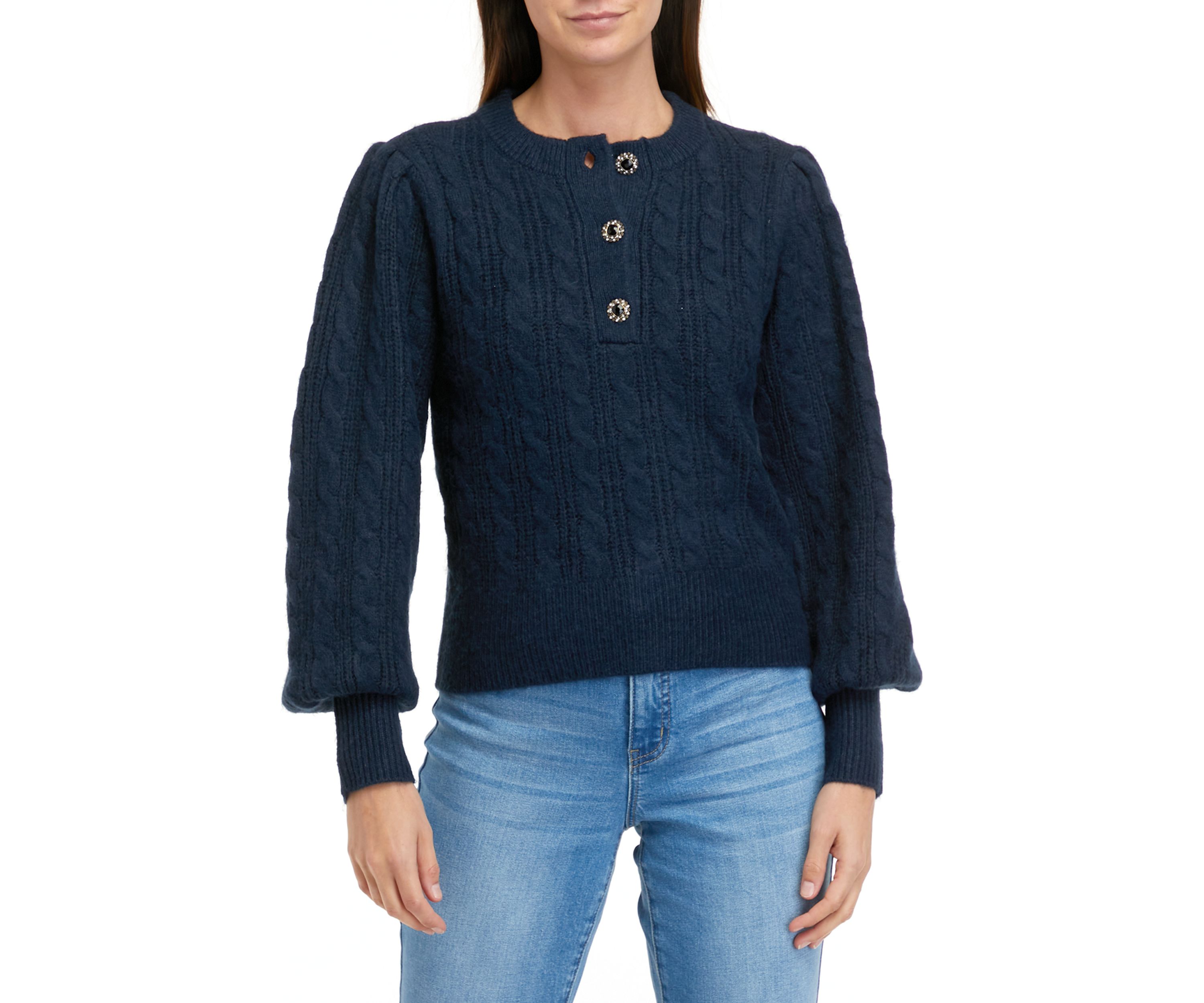 Womens Jeweled Button Henley Sweater